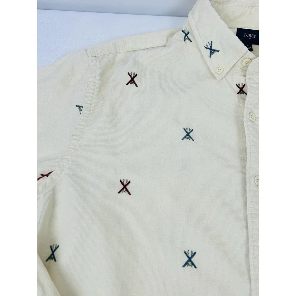 J. Crew Corduroy Shirt Mens Large Ivory Embroidered Ski Print Long Sleeve